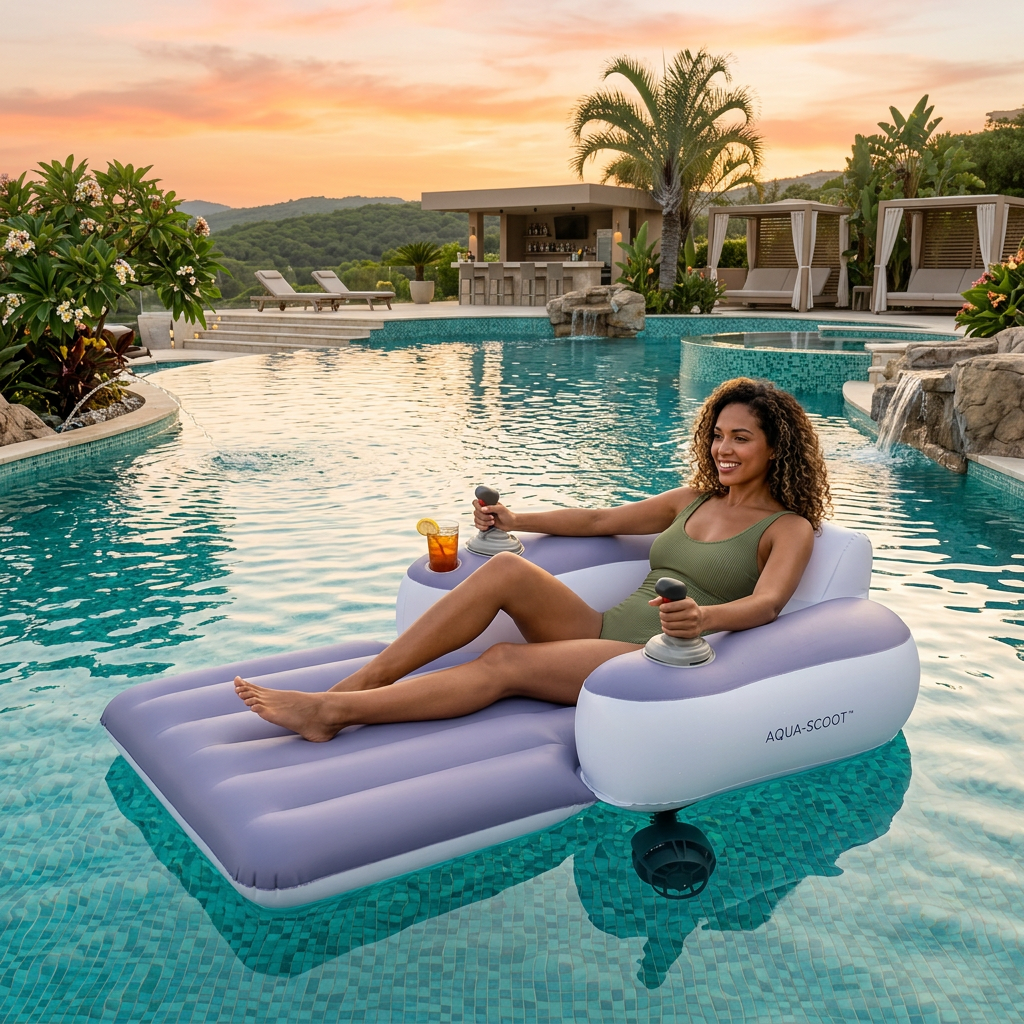 Mujer disfrutando del asiento inflable al atardecer