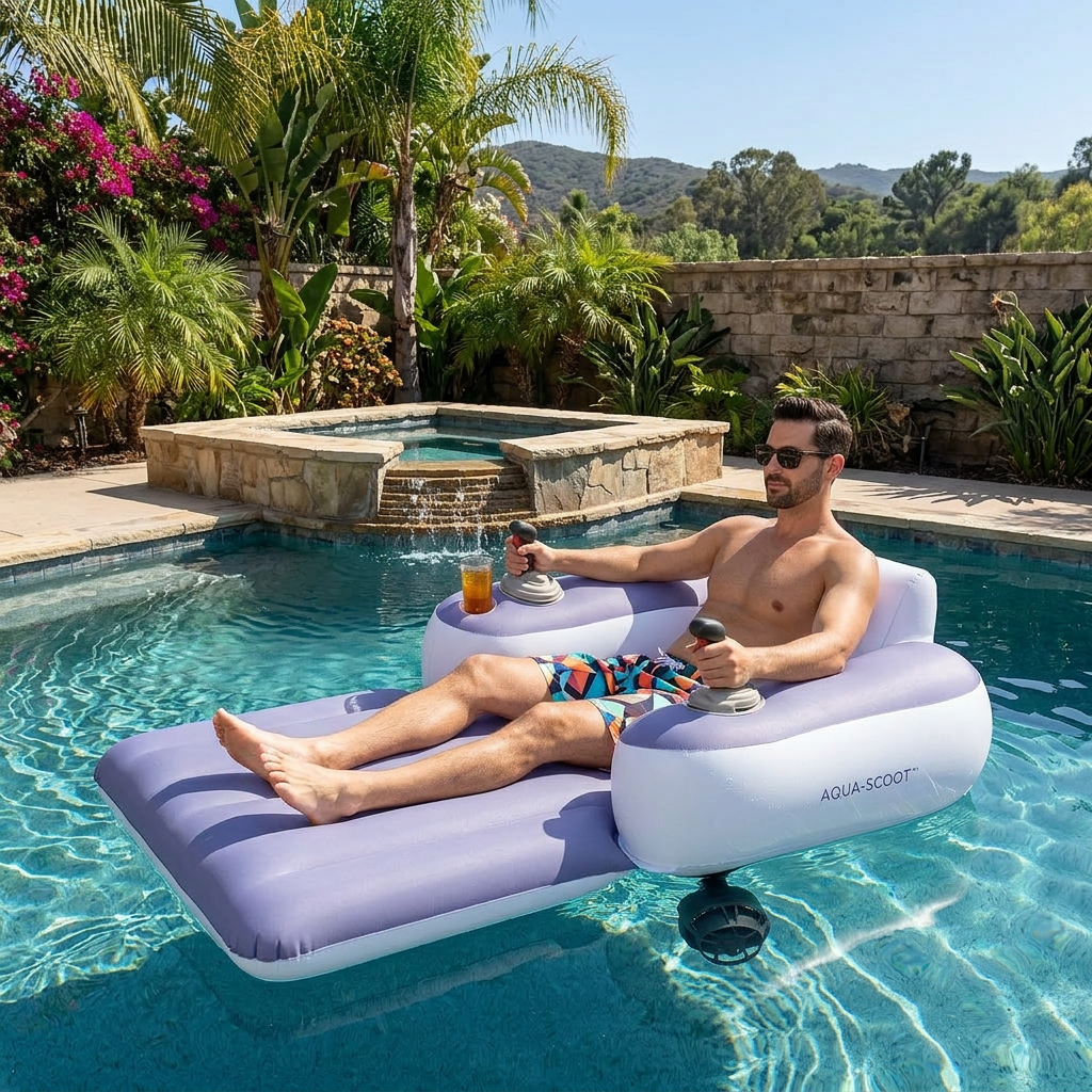 Hombre relajado en el asiento inflable en piscina con palmeras